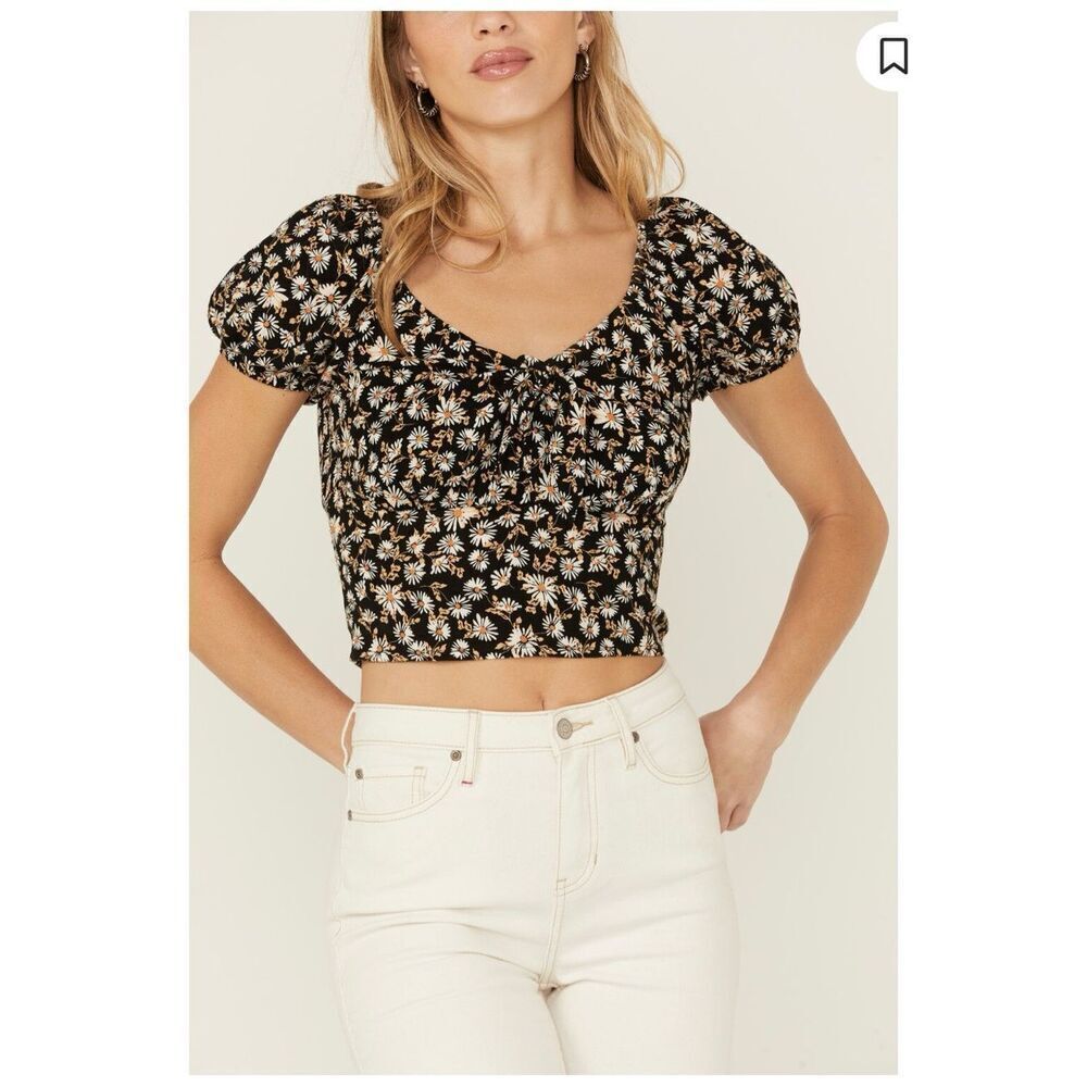Idyllwind Miranda Lambert Bay Cove Cropped Black Daisy Peasant Blouse sz XXL NWO